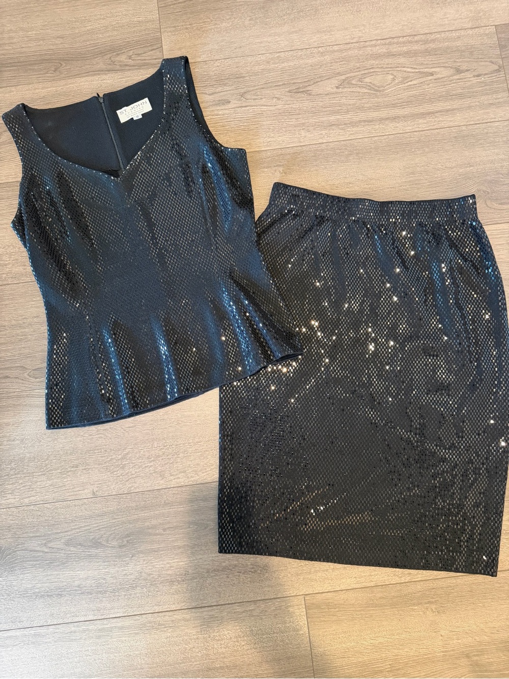 St. John Black Sequin Tank Top and Pencil Skirt Set